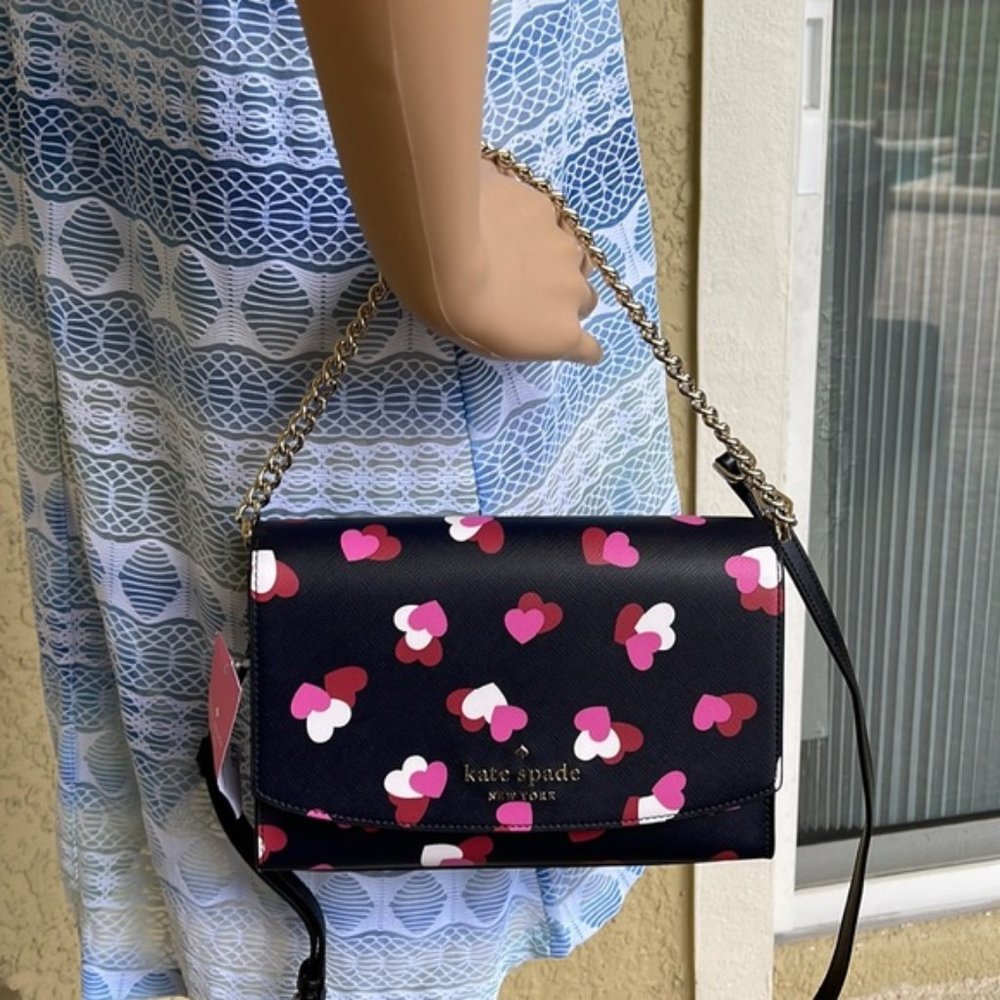 Kate Spade Carson Flutter Hearts Printed Convertible Crossbody Black Multi - Picture 11 of 14